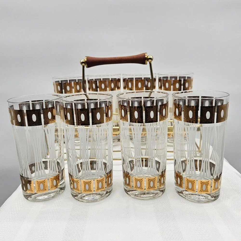 Set of 8 MCM Fred Press Frosted 22Kt Trim High Ball Glasses in‎ a Brass Caddy